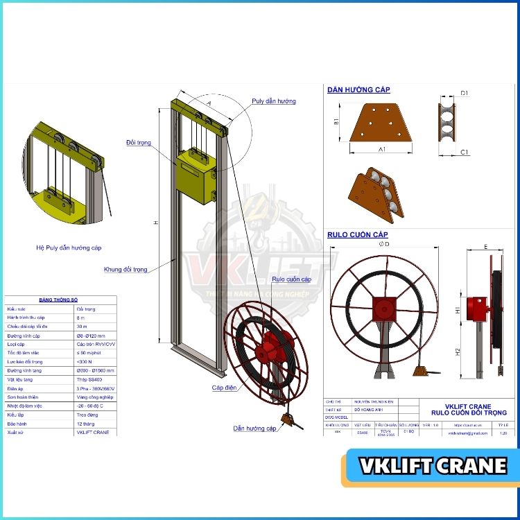 Cấu tạo rulo cuốn cáp kiểu đối trọng: Tang cáp, đối trọng, puly và bộ dẫn hướng